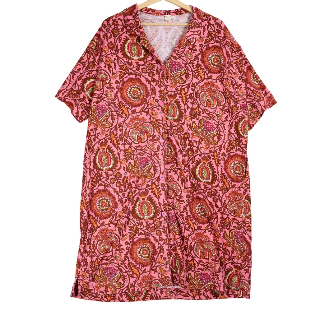 Vera Bradley Pink Floral Paisley Button Down Sleep Shirt Nightshirt Large - Picture 1 of 7